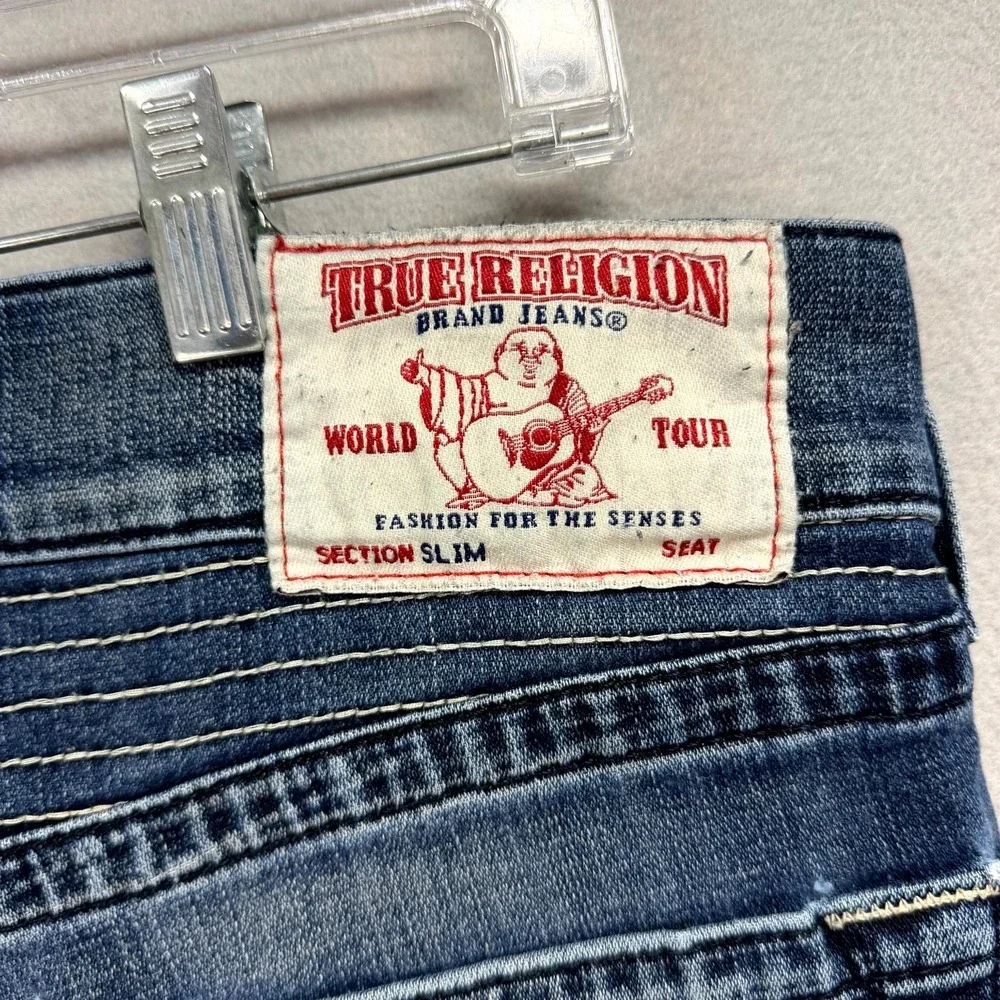 True Religion Jeans Mens 32x34 Blue Denim Pants Distressed Faded Slim Midnight